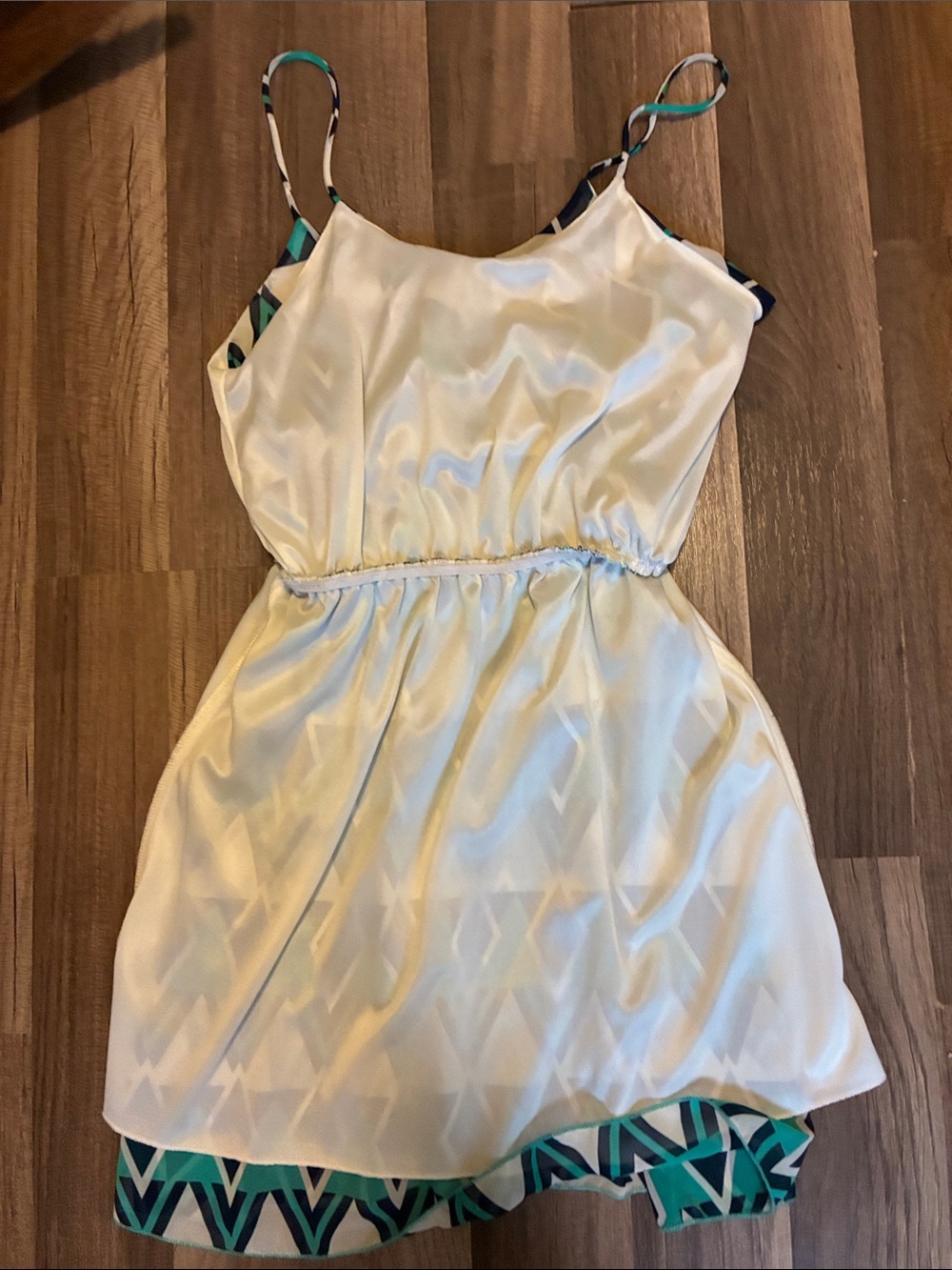 Vintage -Final Touch- Chiffon Mini Dress W/Navy & Aqua Geo Pattern- Made In USA - Picture 6 of 11
